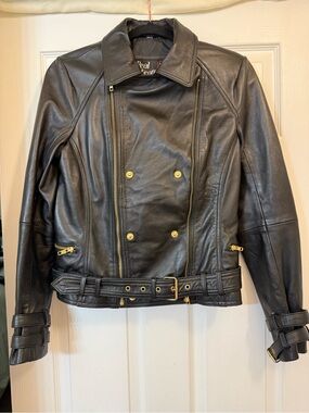 Real Leather Black Women's Moto Jacket with Gold Hardware